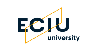 black text with letters ECIU University. Behind the name in yellow is the official graphical element of ECIU University.