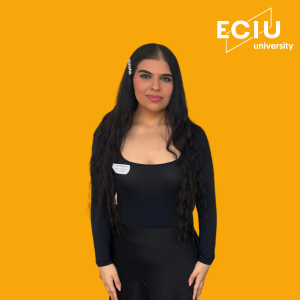 A female with a black dress in a yellow background